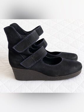Arche France Black Nubuck Triple Strap Wedge Mary Jane Shoes Size 8